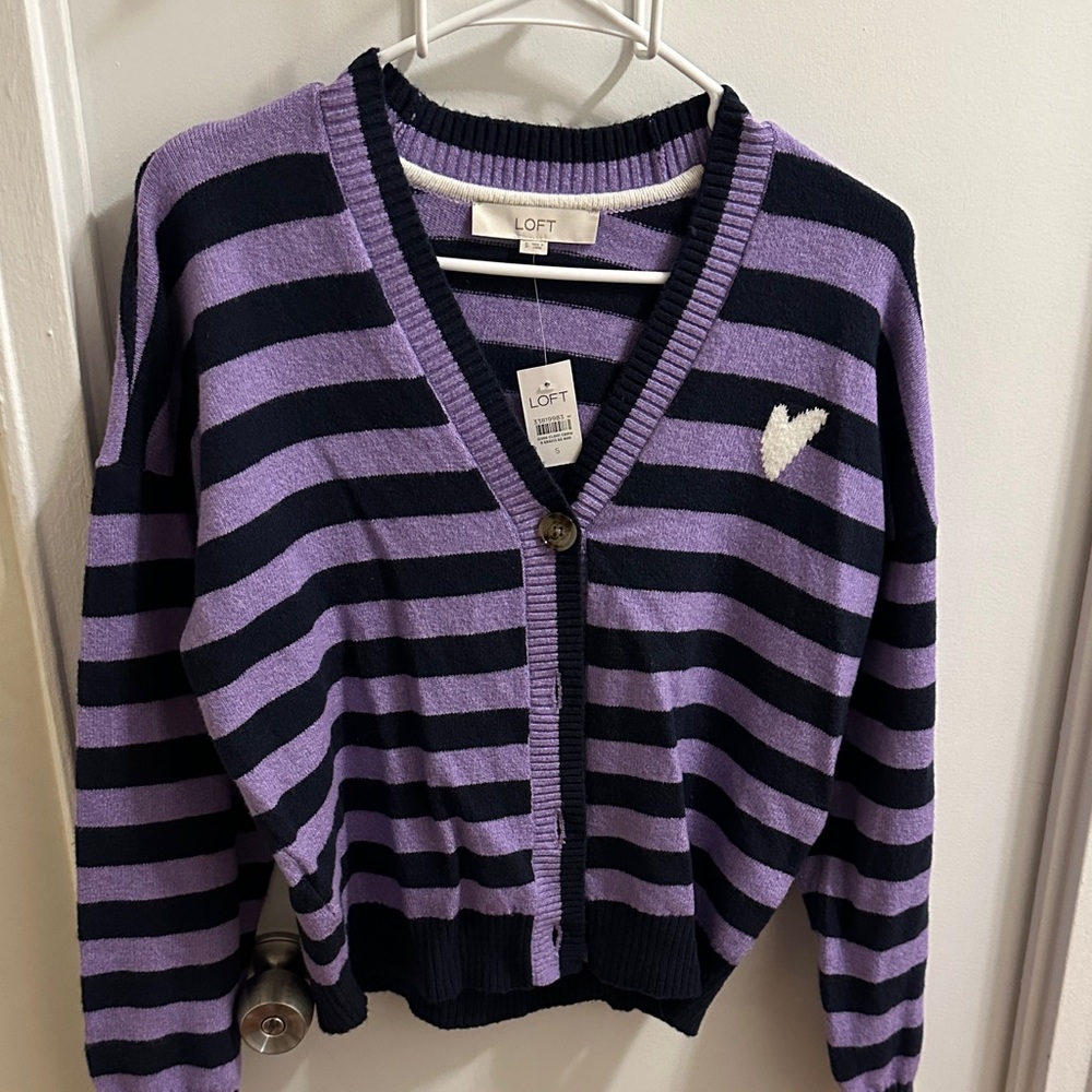 LOFT Purple and Navy Striped Cardigan